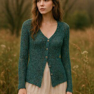 Vintage Crochet Knit Button Up Cardigan Size S/M Blue Teal Fairy Cottage Boho